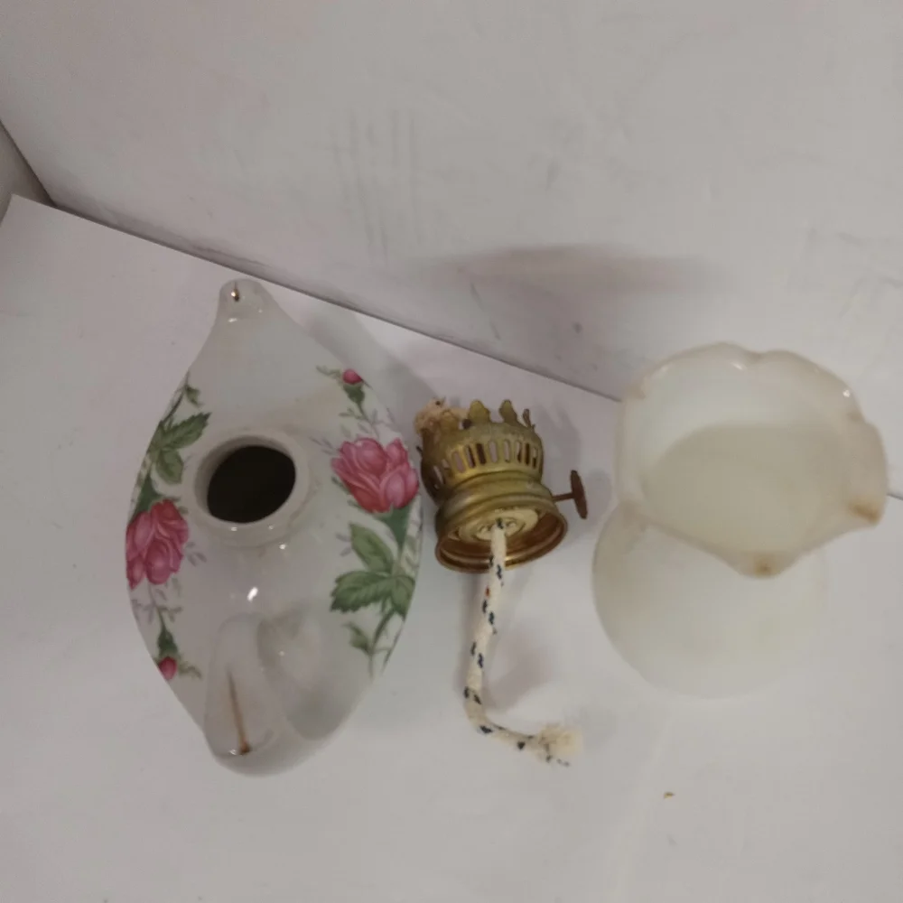 Vintage Miniature Hurricane Oil Lamp Ceramic & Glass 6.5